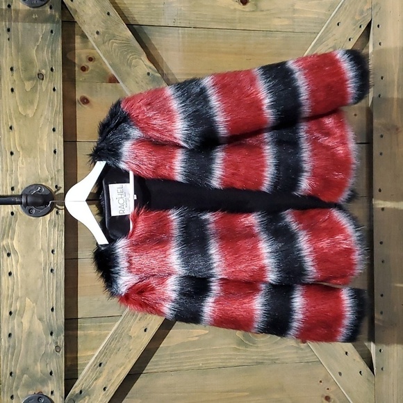 RACHEL ROY VEGAN FUR SHORT COAT SIZE XS BLACK RED MOBWIFE CLUBWEAR GOING OUT - Picture 1 of 14